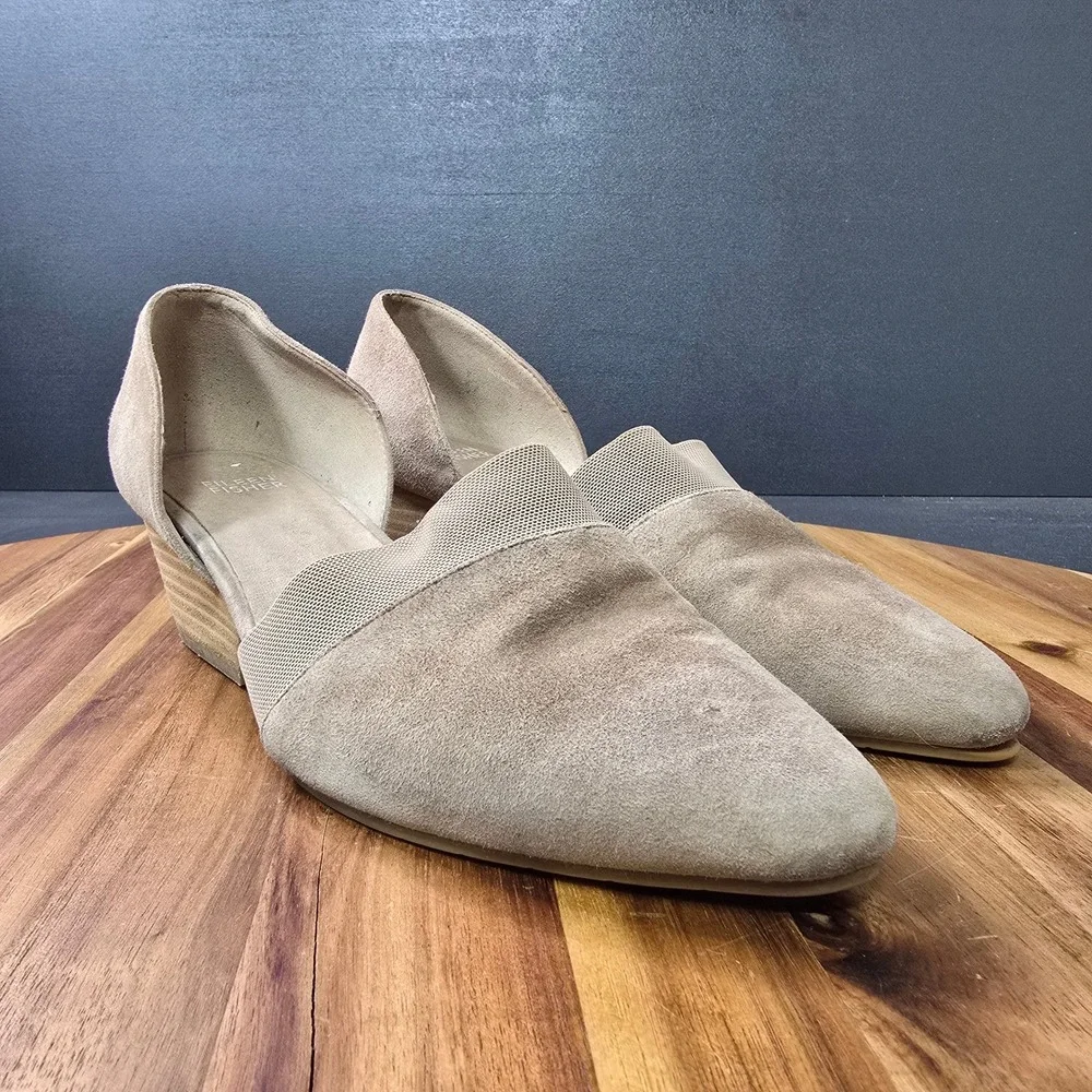 Eileen Fisher Wedge Pumps Womens 8.5 Taupe Suede dOrsay Elastic Strap Minimalist